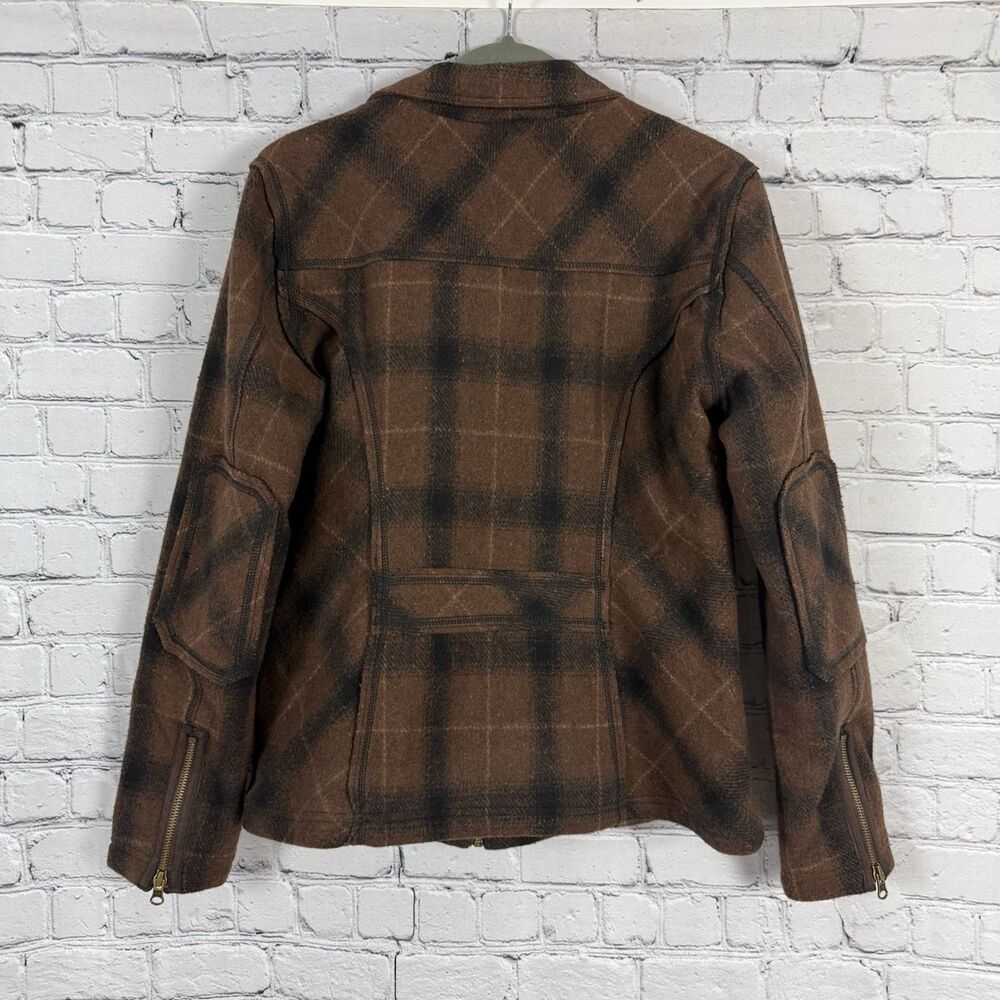 Ruff Hewn Full Zip Jacket Wool Blend Elbow Patch Womens L Brown Plaid Zip Pocket - Picture 10 of 13